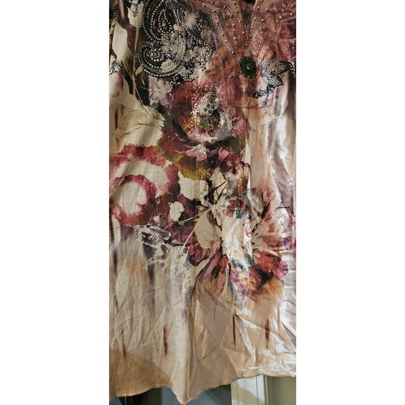 B.L.E.U WOMAN 2X Pink Floral Blouse 3/4 Flair Sleeves Embroidered Lace Beaded - Picture 9 of 11